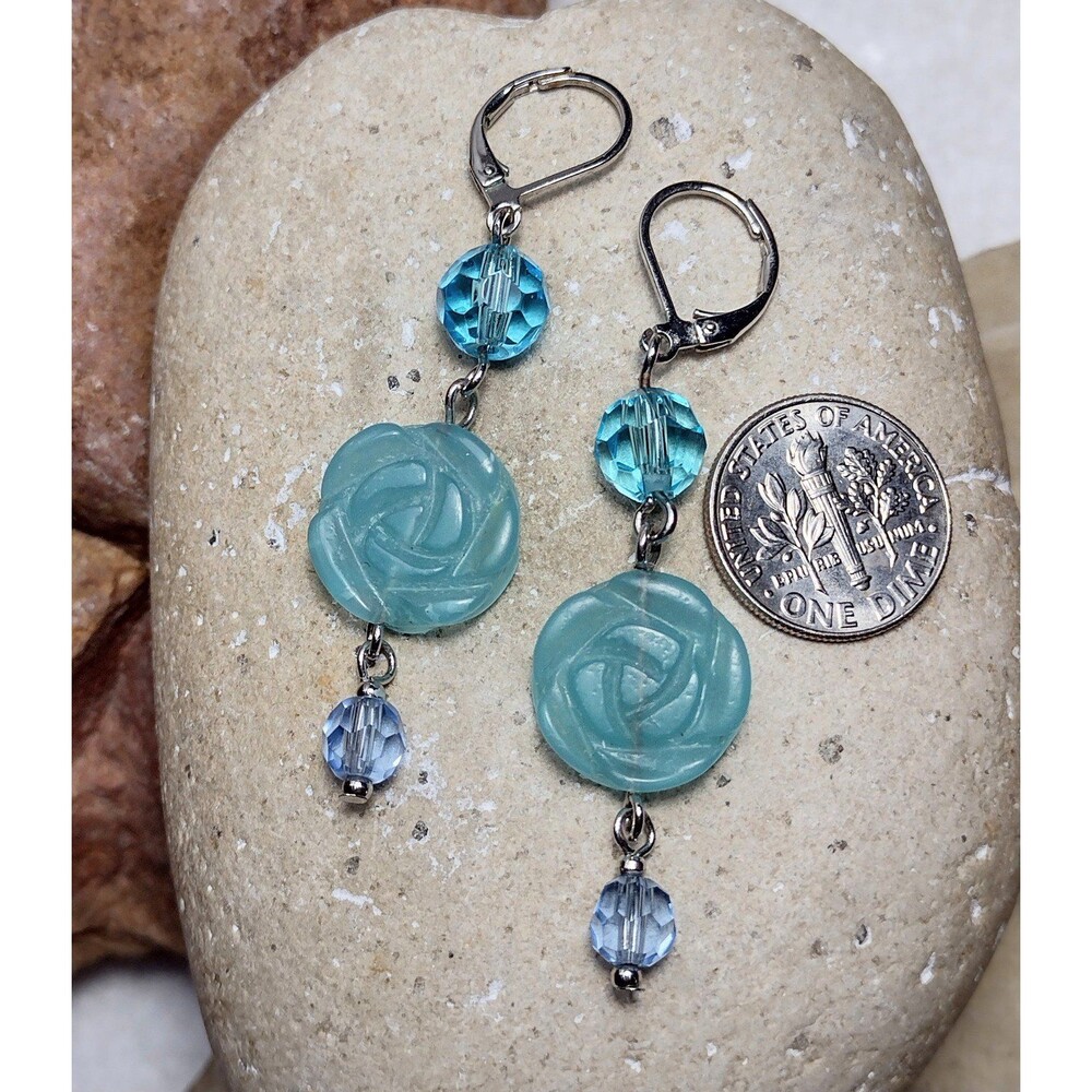 Blue Stone Carved Flower Crystal Beaded Dangle Earrings - Picture 2 of 7